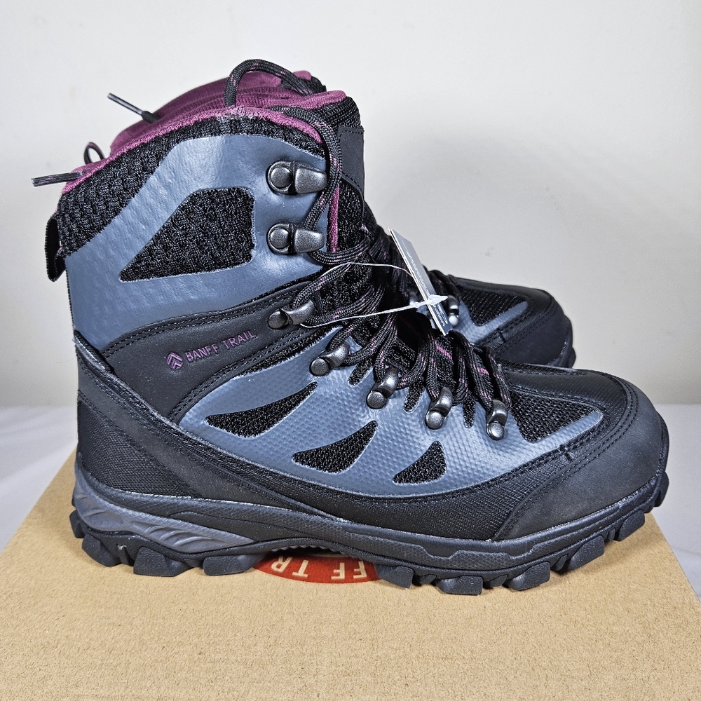 Brand new Banff Trail kids winter boots. Size 6y and 7y. Black/purple/gray.